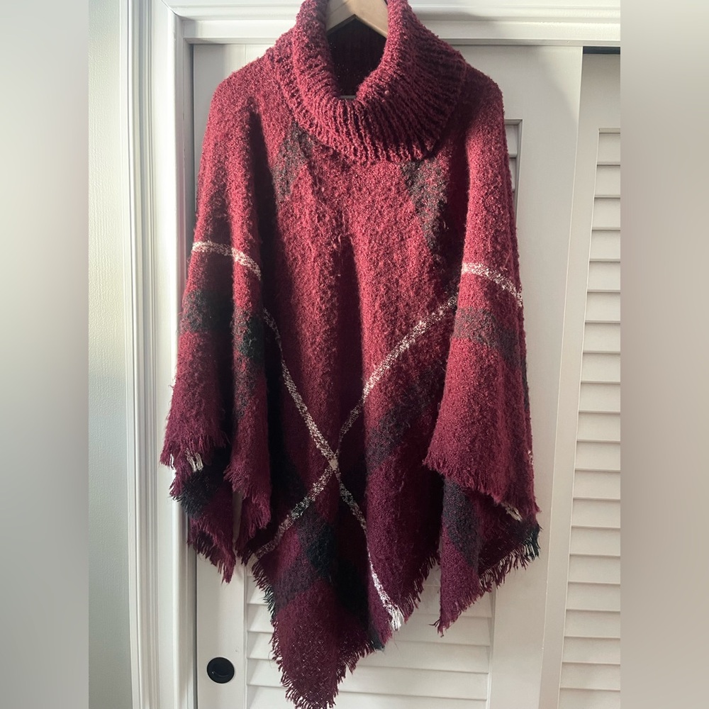 Women's Burgundy Plaid Sweater Poncho